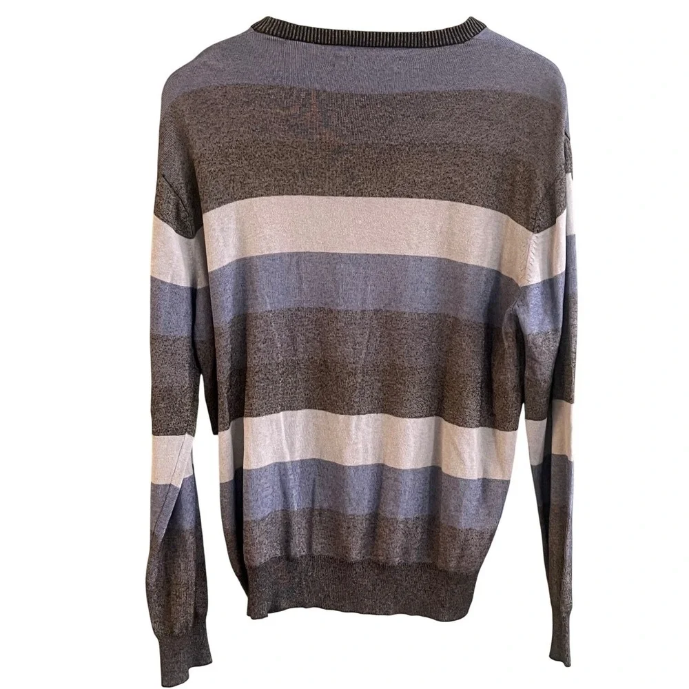 Perry‎ Ellis Blue Black Striped SILK WOOL Blend Preppy Sweater Large Men's Read